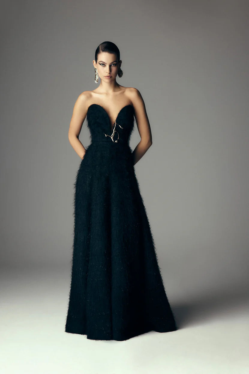 Black Eyelash Satin Strapless Gown