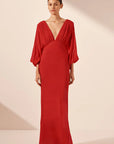Amina Plunge Balloon Sleeve Maxi Dress - Chilli