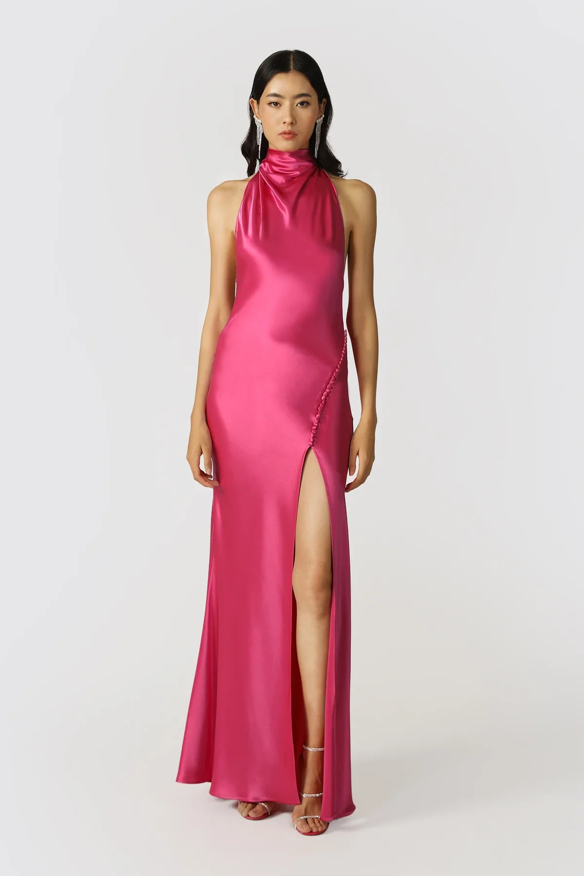 Penelope Backless Satin Gown in Fuchsia