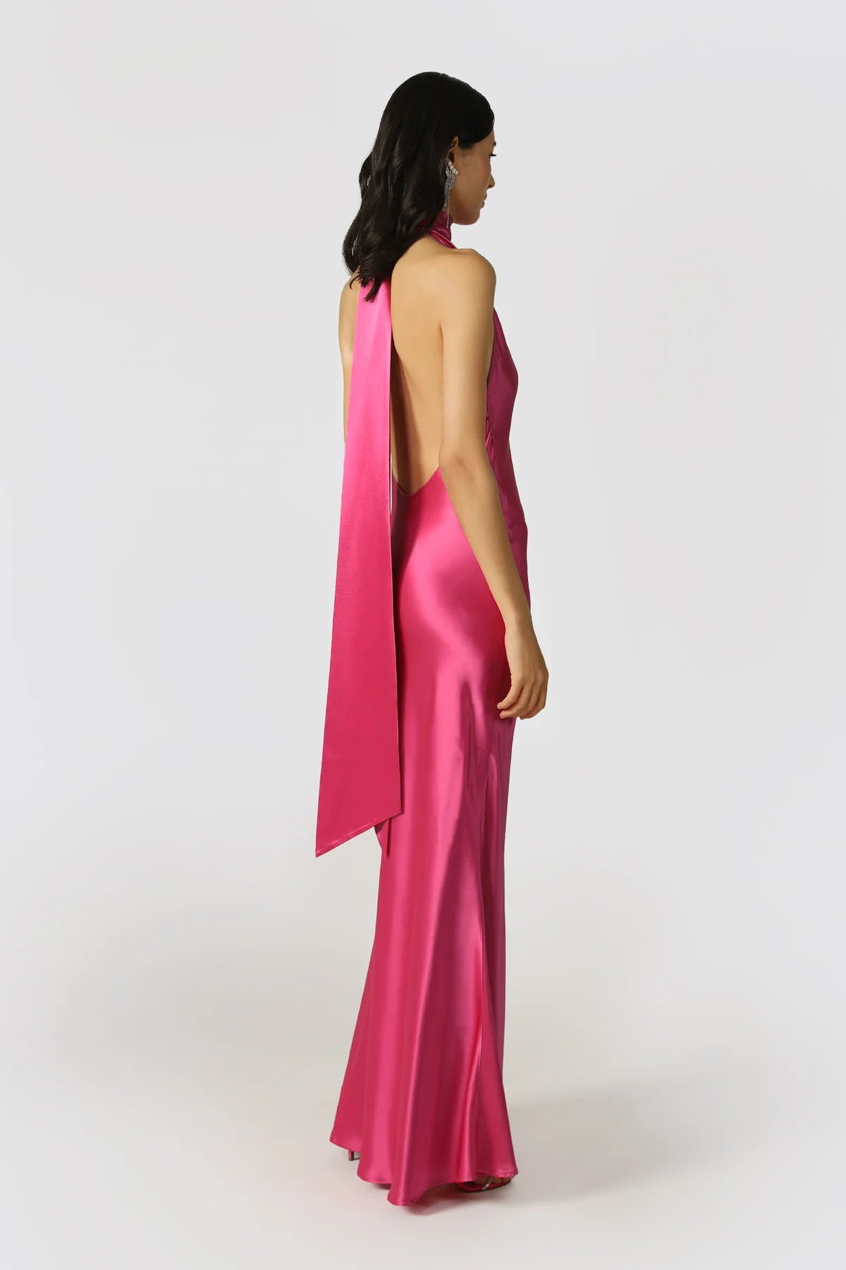 Penelope Backless Satin Gown in Fuchsia