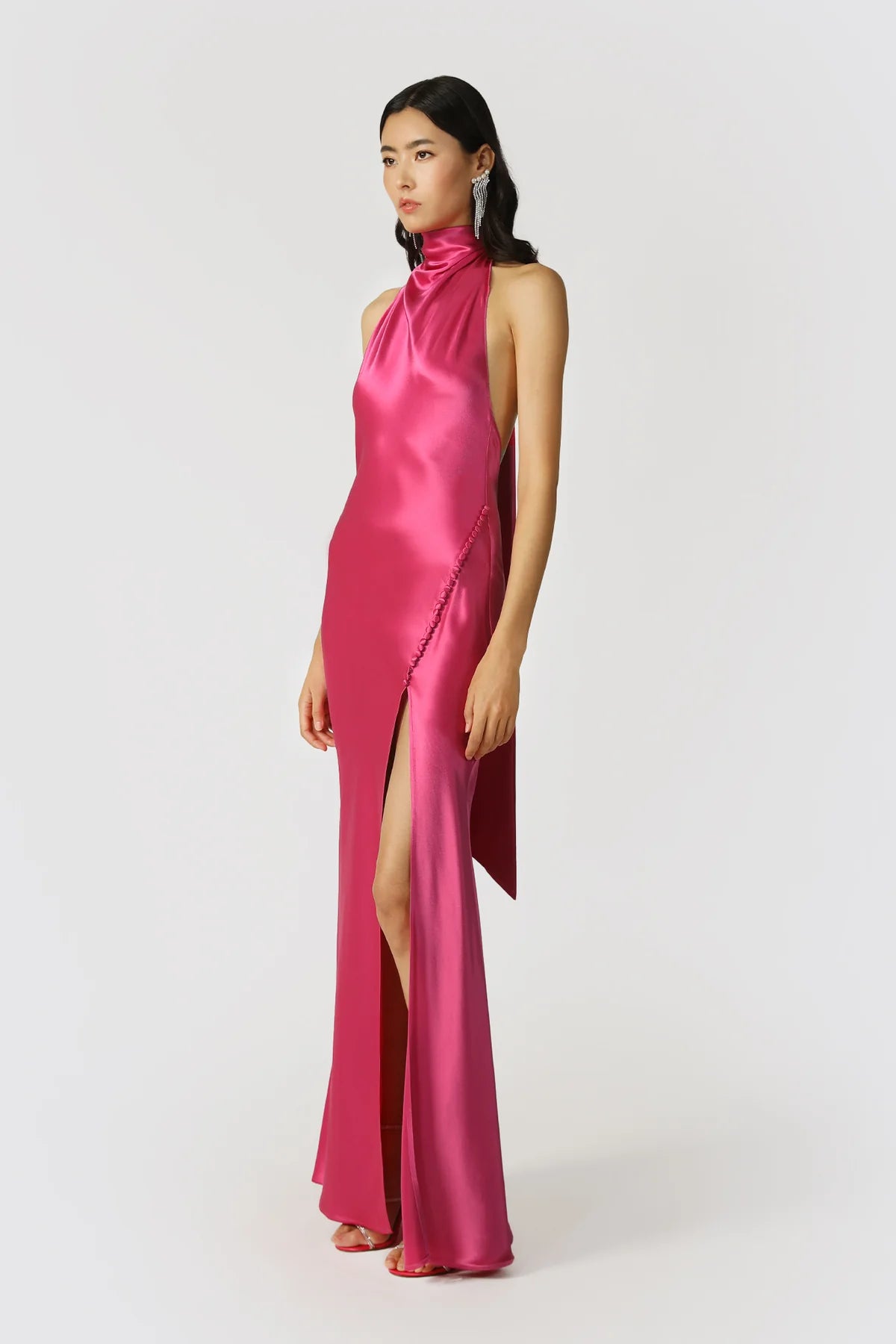 Penelope Backless Satin Gown in Fuchsia