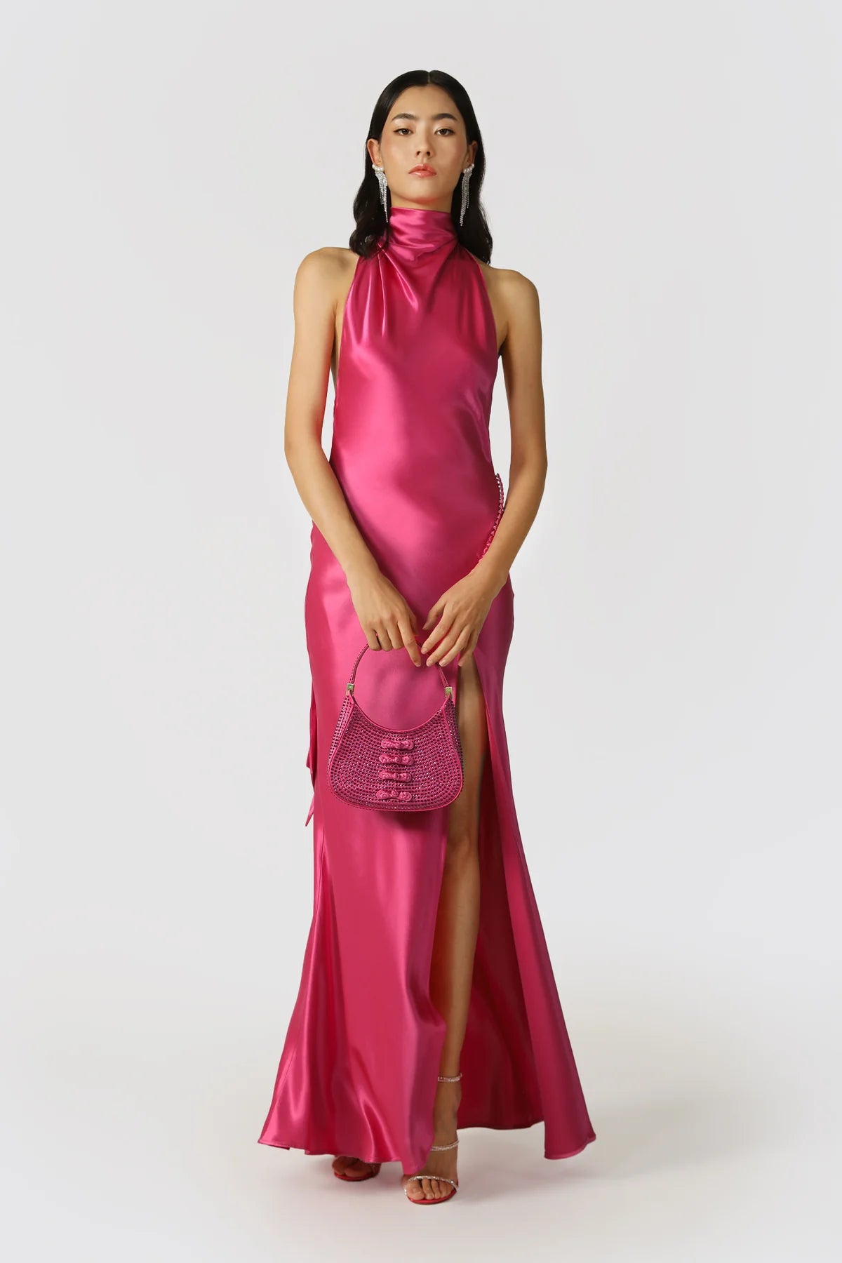 Penelope Backless Satin Gown in Fuchsia