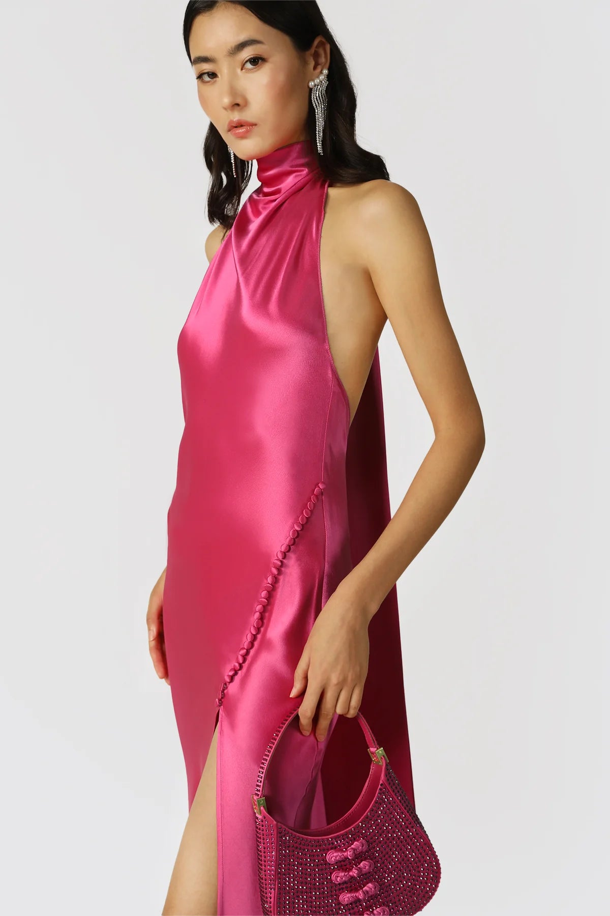 Penelope Backless Satin Gown in Fuchsia