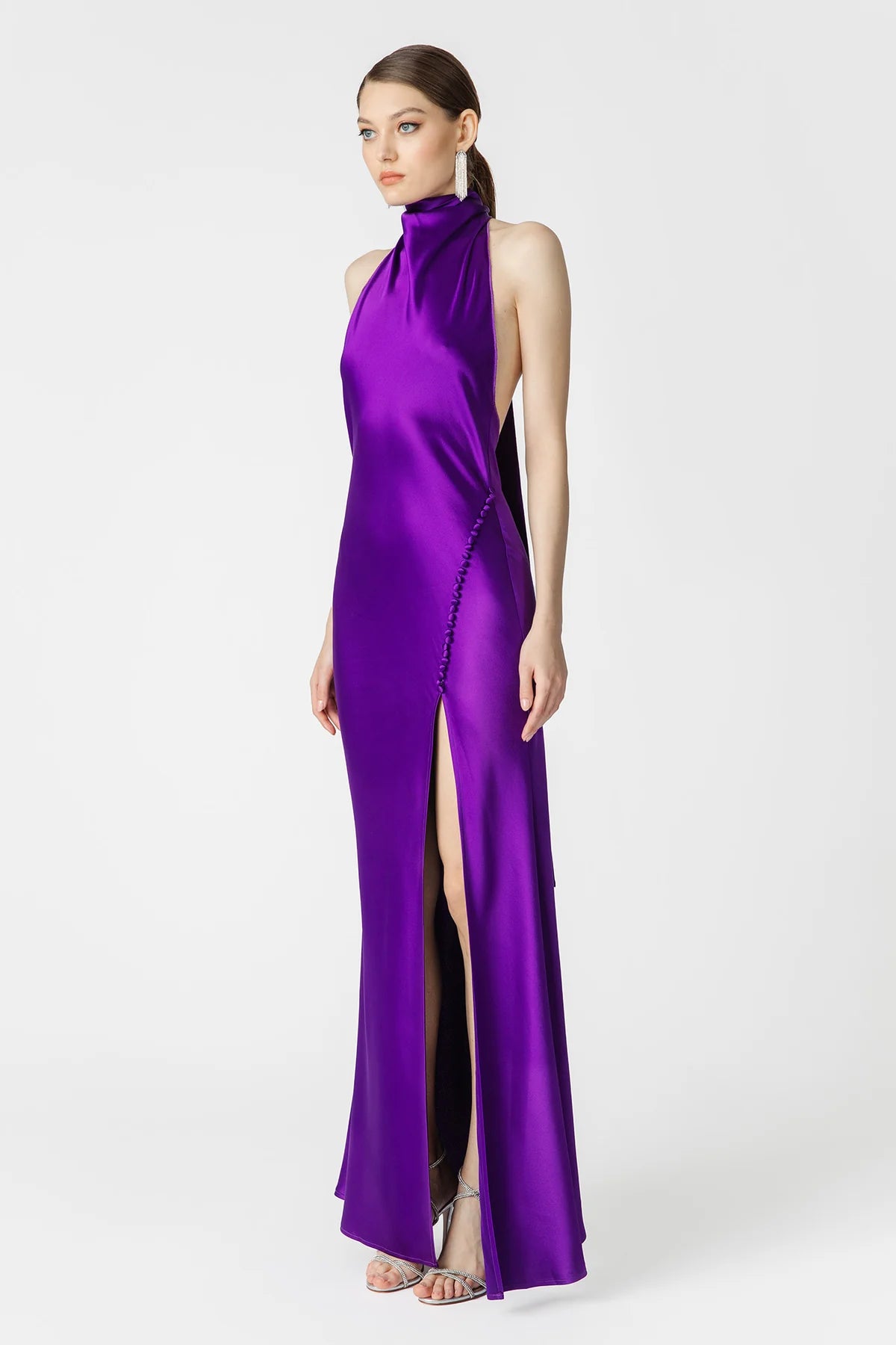 Penelope Backless Satin Gown in Purple