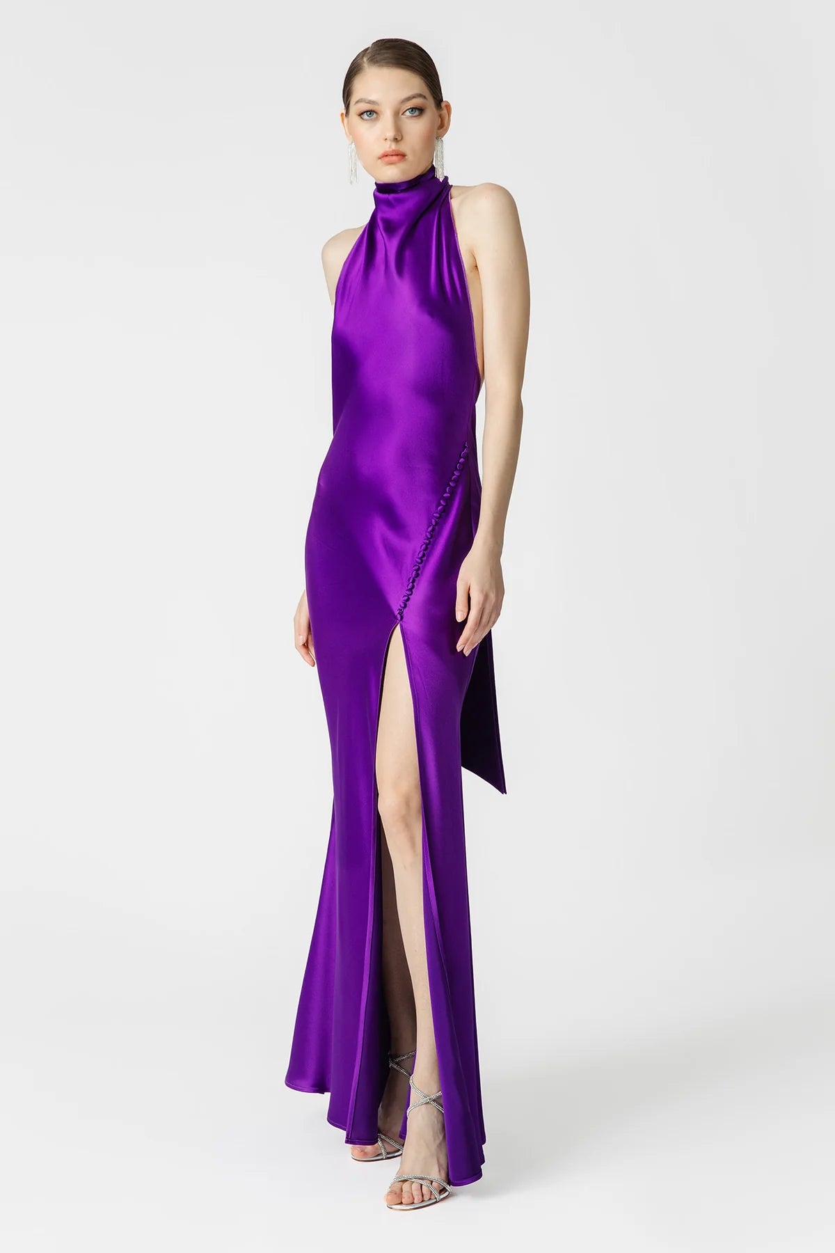 Penelope Backless Satin Gown in Purple