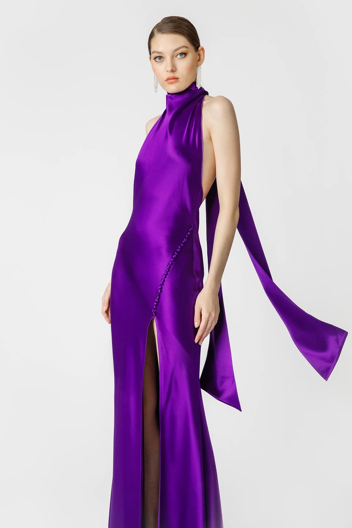 Penelope Backless Satin Gown in Purple