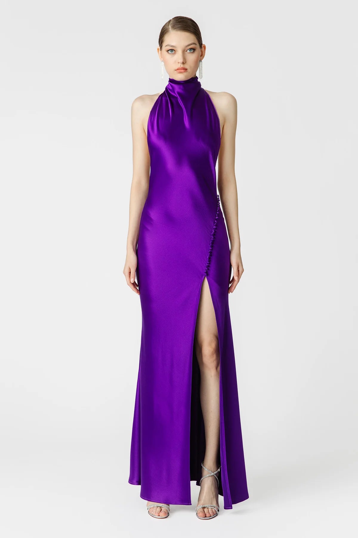 Penelope Backless Satin Gown in Purple