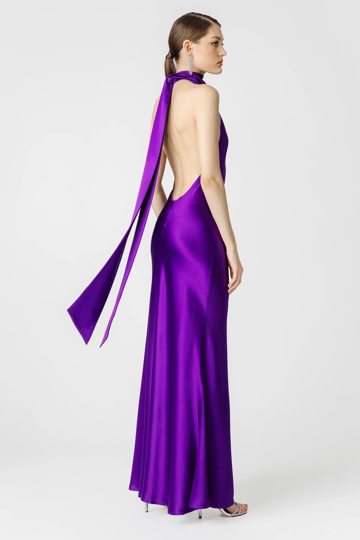 Penelope Backless Satin Gown in Purple