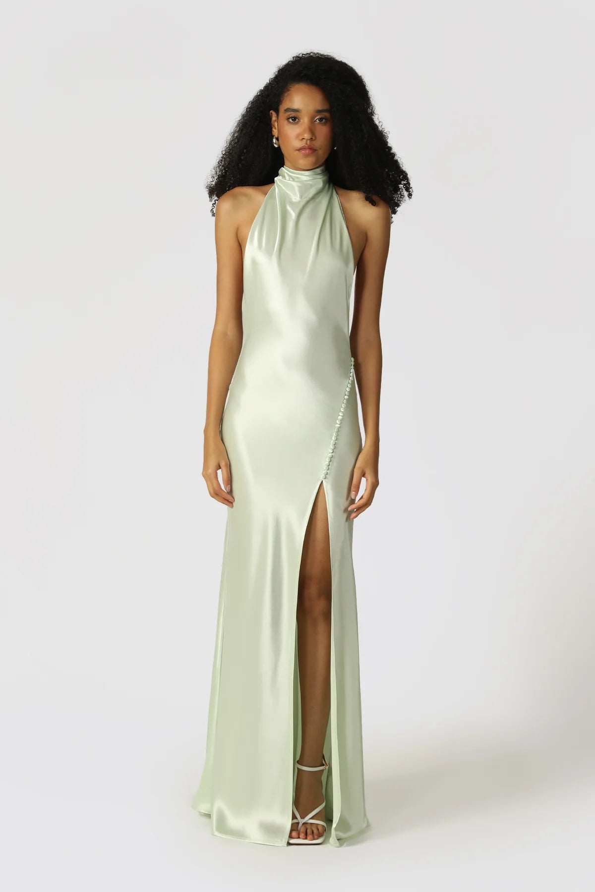 Penelope Backless Satin Gown in Pistachio