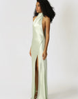 Penelope Backless Satin Gown in Pistachio