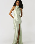 Penelope Backless Satin Gown in Pistachio